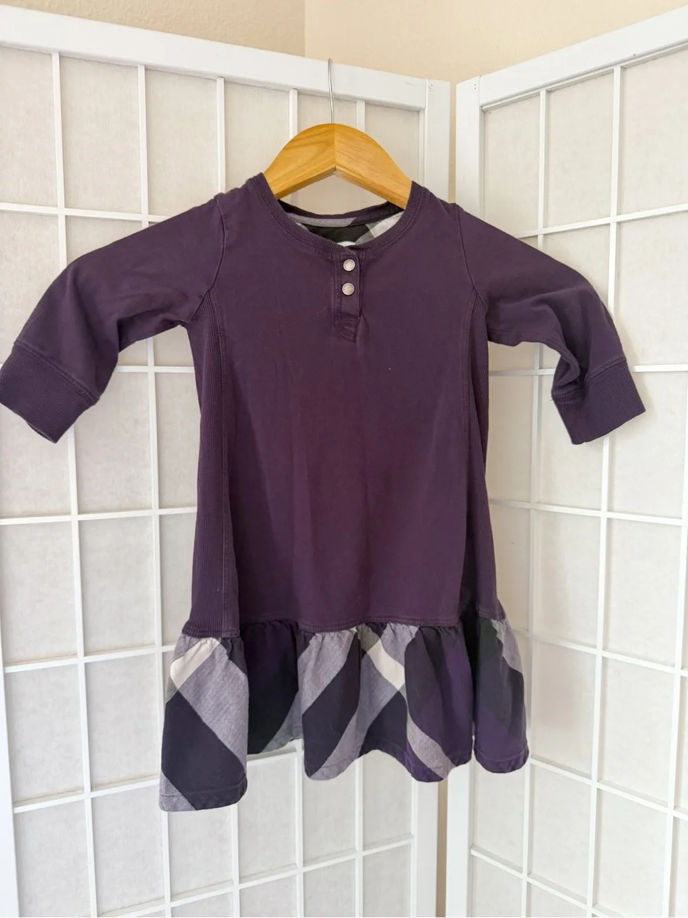 Burberry Purple Gray White Plaid Ruffle Long Sleeve Dress 3Y